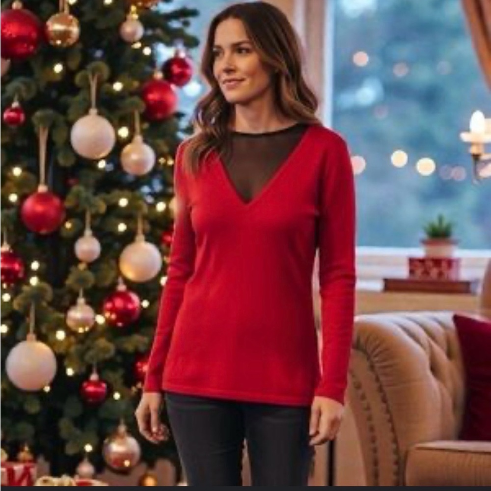 Cache Red V-Neck Sweater with Mesh Inset size S EUC #13